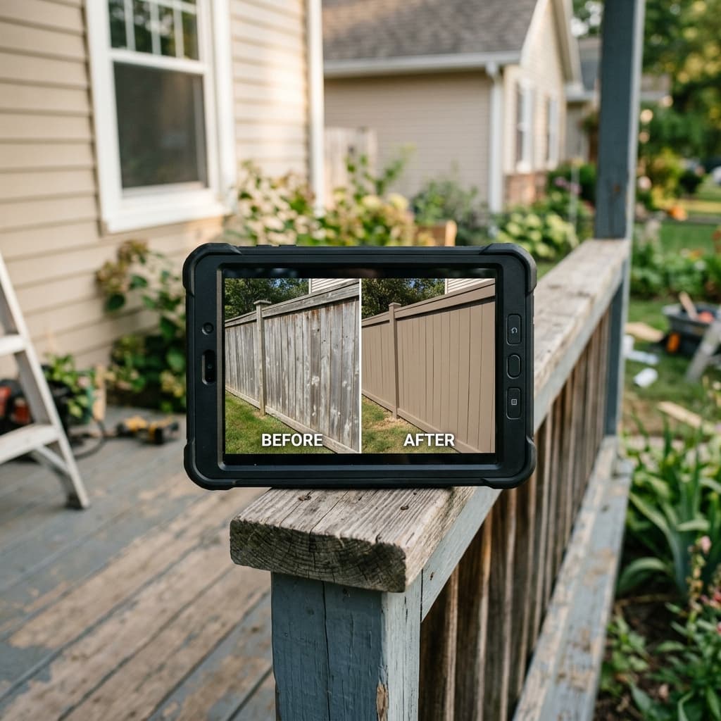 A rugged tablet on a job site railing showing a before-and-after comparison of a fence