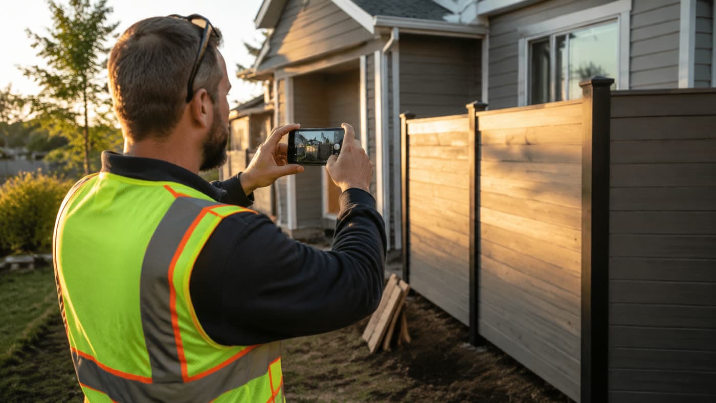 A contractor photographing a fence job on-site with their phone