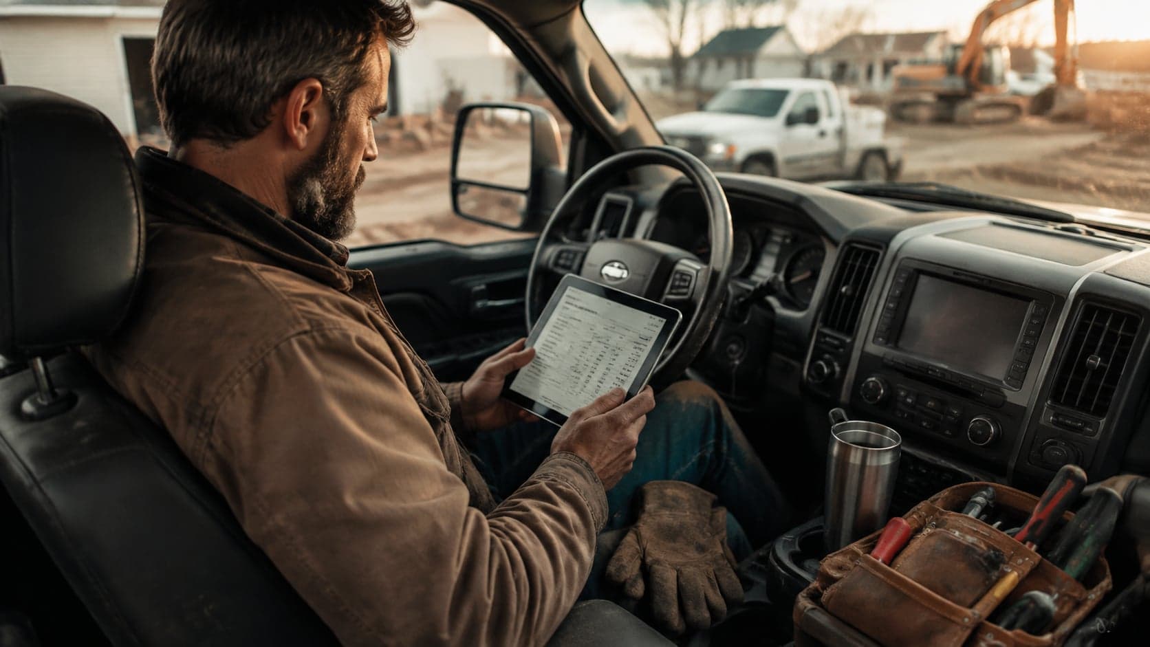 A contractor in a truck cab reviewing an itemized job estimate on a tablet